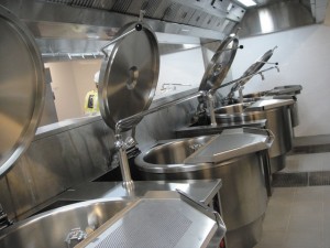 Bank of kettles in a central kitchen